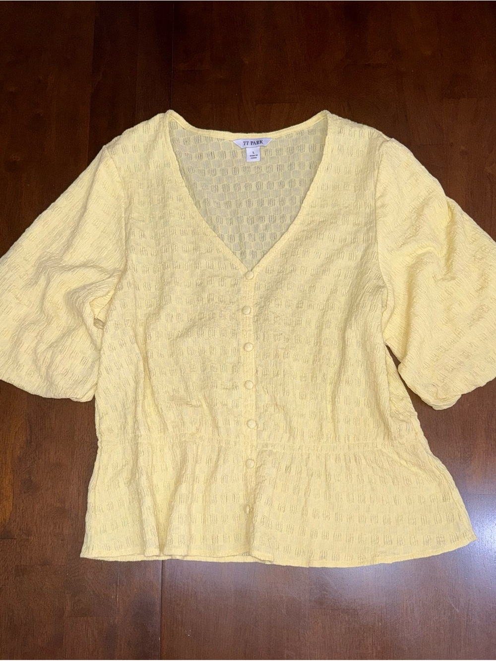 77 Park Yellow Textured Button Front Peplum Blouse Size L